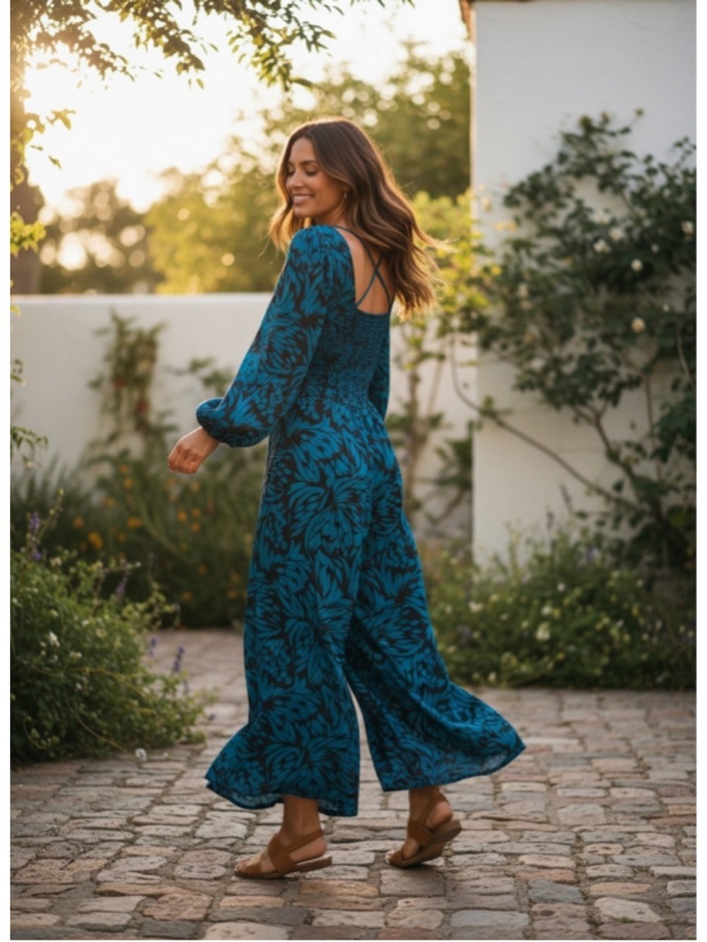 the GET Jumpsuit Blue/Brown Floral Print Size L
